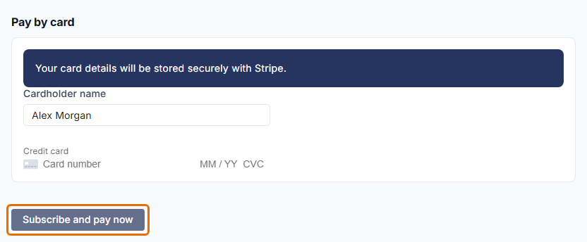Pay by card section with cardholder name and credit card fields, and the Subscribe and pay now button highlighted.