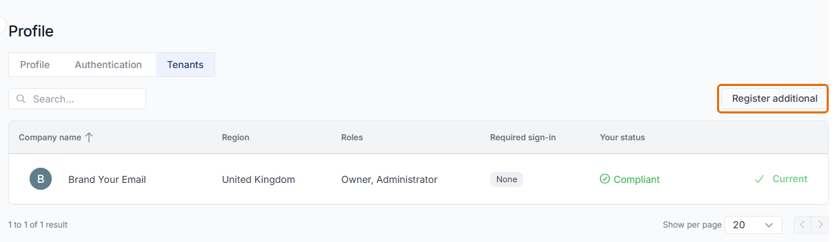 Profile page Tenants tab listing the current tenant, with the Register additional button highlighted.